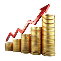Stacks of golden coins with a red arrow depicting financial growth and investment success