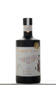 Strasbourg, France - April 2024 : Maison Victors Five O'clock Gin bottle on backlit background