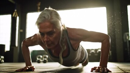 A focused older woman performs powerful push-ups in a bright gym filled with fitness equipment. Her commitment to fitness is evident as she trains hard, demonstrating her dedication and strength.