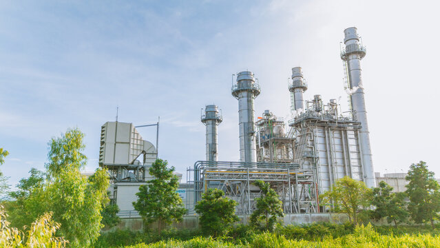 Power plant gas turbine factory building. Green Industry, Clean power production environment saving industrial building. Gas fired power station, natural gas electricity clean energy for future.