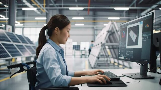 A woman with Asian descent is focused on her computer screen in a solar panel manufacturing plant. She is using design software while sitting in a wheelchair