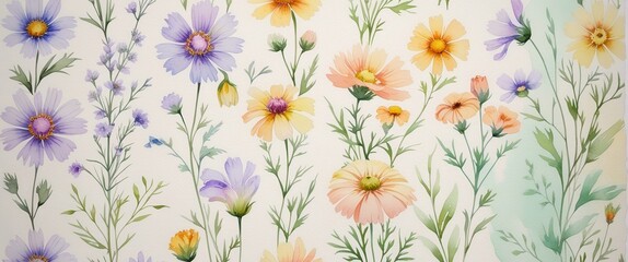 Watercolor floral pattern with colorful wildflowers and green stems on a light background