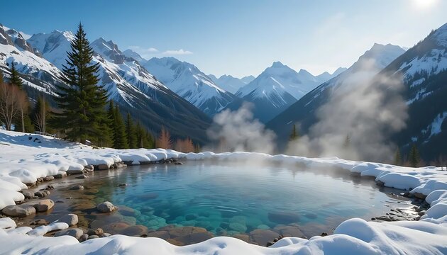 Hot Spring Water in Winter Mountain Landscape with Snow
