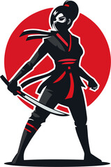 Bold Vector Female Ninja Warrior with Katana and Red Sun Background © Gian