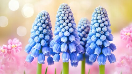 Spring blue muscari flowers, bokeh background, garden, floral design
