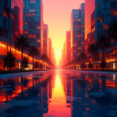 Obraz premium A vibrant city street scene at sunset, with tall modern buildings lining both sides of a wet road that perfectly reflects the fiery orange and pink sky.