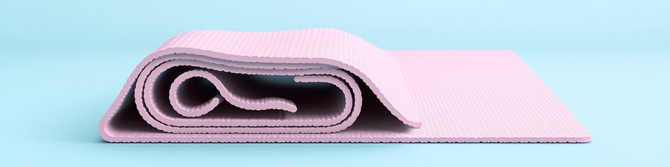 Glossy pink yoga mat with clean detailing placed on a pale blue background