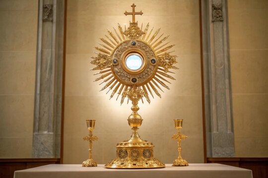 Ornate gold monstrance with candlesticks on altar