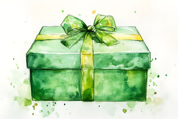 Green watercolor gift box with ribbon and subtle paint splashes on light background