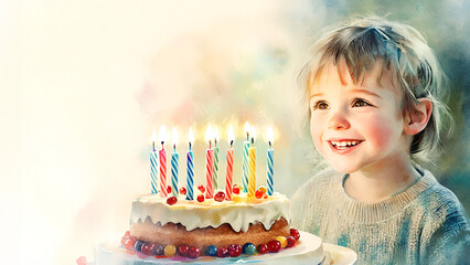 Happy caucasian child celebrating birthday with cake and candles