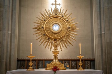 Ornate gold monstrance with lit candles