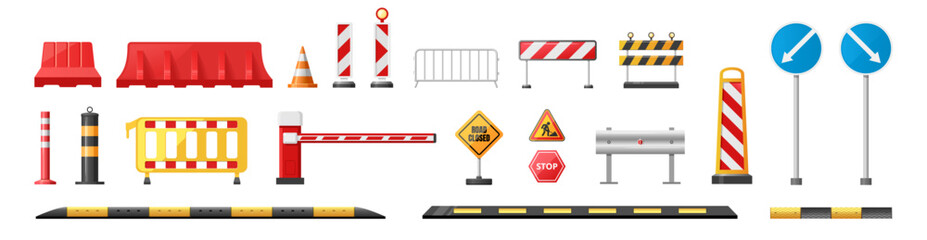 Traffic road repair barriers set. Safety barricade. Construction fences
