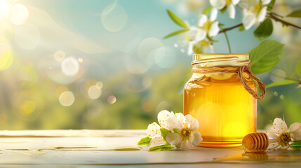 Golden honey jar surrounded by blooming flowers on a sunlit table with a blurred natural background showcasing a vibrant and fresh atmosphere, healthy eating concept
