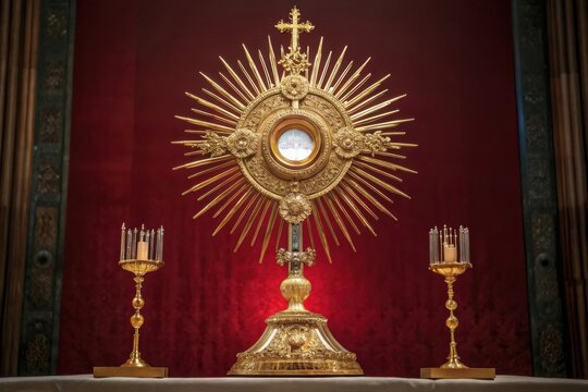 Ornate gold monstrance with candlesticks on red