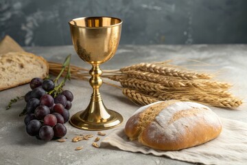 Holy communion bread wine grapes and wheat