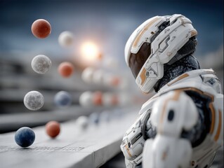 Futuristic Robot Gazing at Colorful Floating Spheres in a Sci-Fi Environment