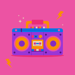 Bright vector illustration of a retro tape recorder in the 80s style on a pink background. Cheerful, colorful design with a cassette, speakers and lightning. Pop art style.