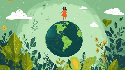 Girl stands on Earth, surrounded by lush foliage, promoting environmental awareness