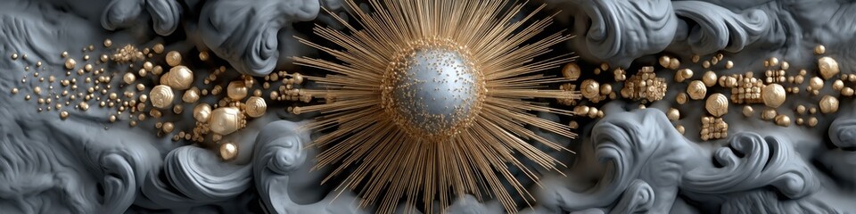 Intricate Textured Design with Golden Sunburst Effect Against a Dark Gray Background