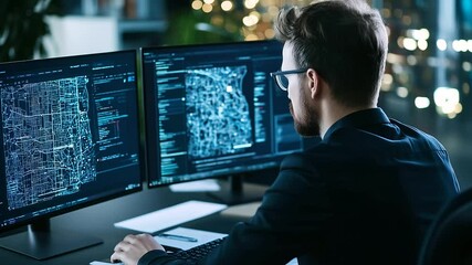 A focused man in business attire, working on transport planning software across two widescreen monitors, surrounded by industry reports and a city map. - Powered by Adobe