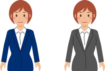 Obraz premium 両手を下ろし、すまし顔のショートヘアの若い女性。スーツ姿の上半身