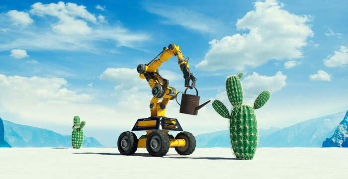 A robotic gardener watering cacti in an endless desert in a 3D illustration
