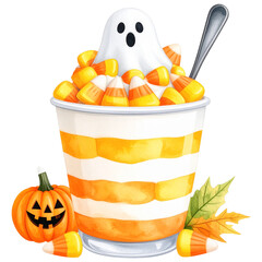 watercolor-style Halloween desserts, featuring cupcakes, donuts, candy, parfaits, Perfect for seasonal designs, stickers, scrapbooks, and party invitations. This charming set blends horror 