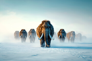 Mammoths walking through a snowy landscape, surrounded by a misty atmosphere, showcasing their majestic presence in a prehistoric setting, evoking a sense of wonder and ancient history