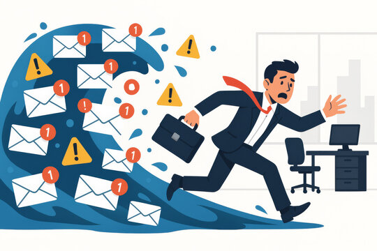 Email tsunami wave businessman escaping notification overload digital stress communication overwhelm information flood work burnout alert fatigue message storm chaos