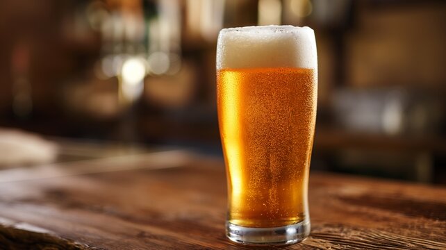 Craft beer served cold in a glass on a rustic wooden bar