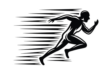 Silhouette of Muscular Male Runner with Flowing Hair, Dynamic Black and White Design