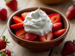 Sweet Strawberry Delight: A Bowl of Fresh Strawberries Topped with Creamy Whipped Cream