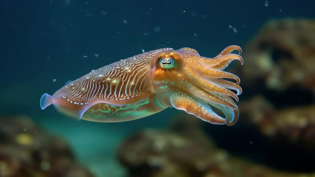 Cuttlefish floats gracefully, iridescent skin shimmering in deep blue water.