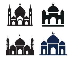 Set of Mosque icon, silhouette, outline, vector, illustration, isolated on a white background