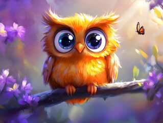 Naklejka premium Charming orange owl with big eyes perched on a branch surrounded by colorful flowers and a fluttering butterfly