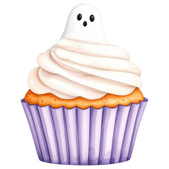 watercolor-style Halloween desserts, featuring cupcakes, donuts, candy, parfaits, Perfect for seasonal designs, stickers, scrapbooks, and party invitations. This charming set blends horror 