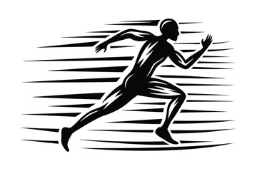 Monochrome Silhouette Athletic Male Runner in Dynamic Sprint Position, Isolated on White