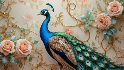 Beautiful peacock portrait with a floral background in pastel colors