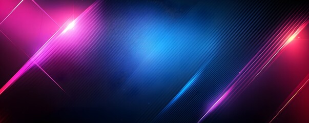 Abstract blue background with colorful neon light rays and speed lines, empty space in the center, dark background