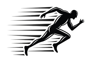 Black Silhouette of Man Running with Windswept Hair on a White Background Design