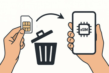 eSIM digital transformation concept. Physical SIM card transition to embedded smartphone technology. Mobile network evolution upgrade wireless connectivity revolution