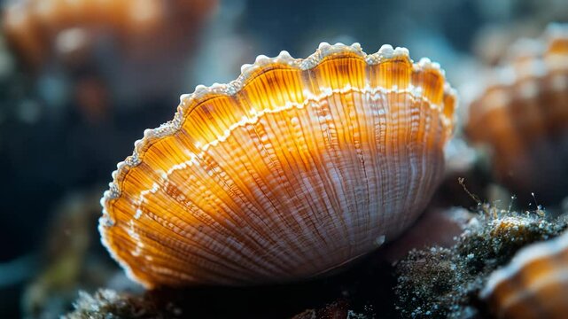 A close up of a shell on a coral