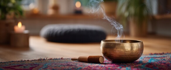 The calming sound of a singing bowl enveloped in soothing incense smoke.