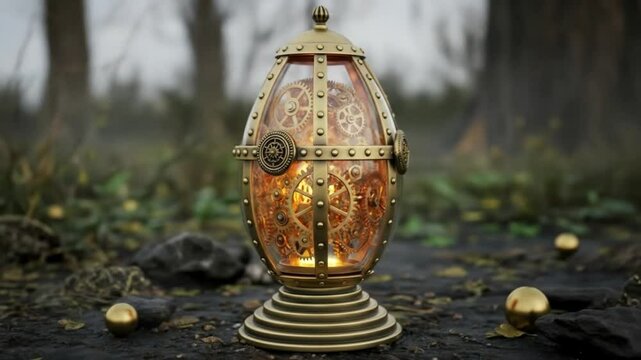 acorn on a wooden table.Intricate Golden Clockwork Egg: Steampunk Treasure in Nature.