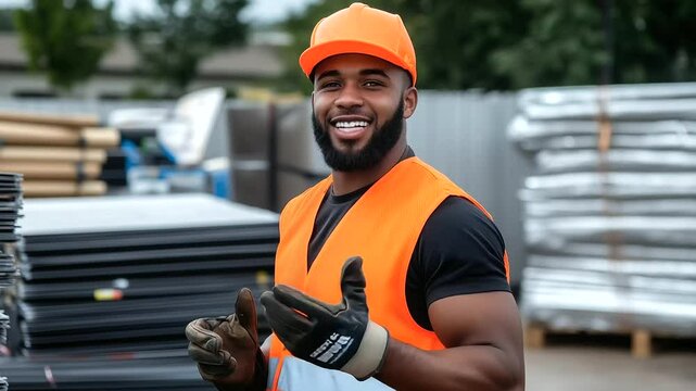 A smiling young tradesman in an orange vest and cap, holding a pair of work gloves while standing near stacks of construction materials.