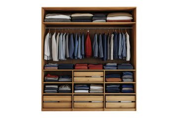 wooden wardrobe with organized clothing isolated on transparent background