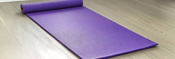 Glossy purple yoga mat placed neatly on a wooden floor isolated from clutter