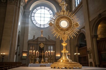 Obraz premium Ornate gold monstrance in a church setting