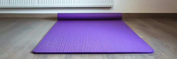 Glossy purple yoga mat placed neatly on a wooden floor isolated from clutter