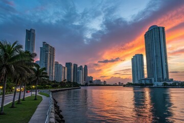 Naklejka premium Miami skyline sunset with palm trees and waterfront